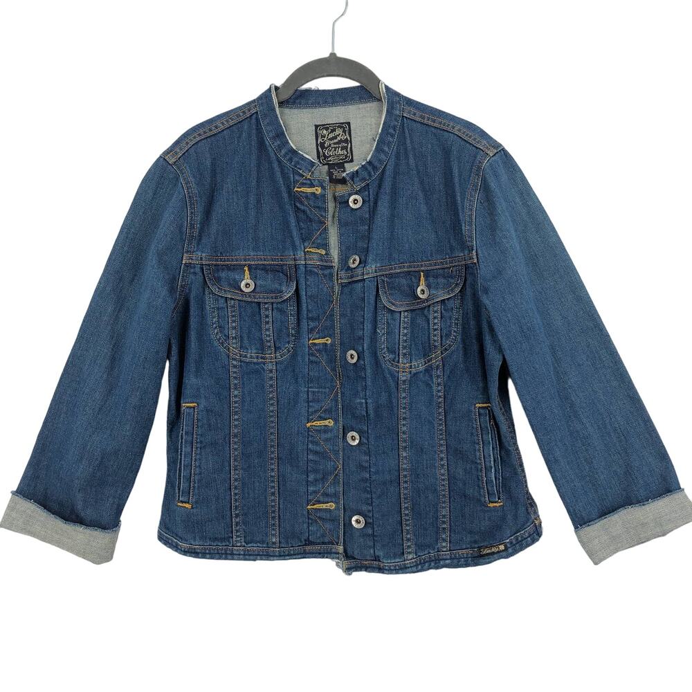 Lucky Brand Denim Jacket Womens Large Blue Reworked Distressed Button Front